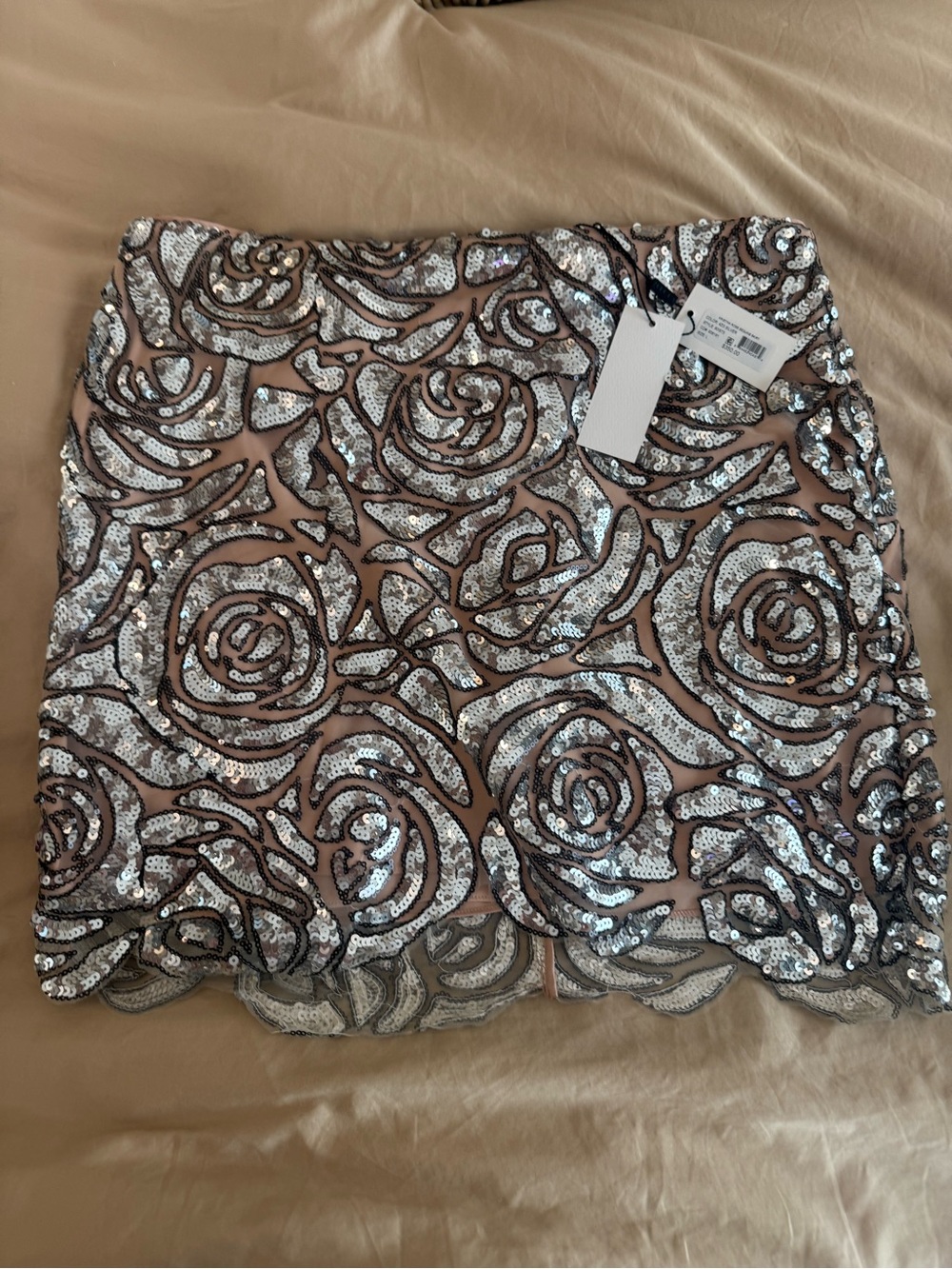 Milly Silver Sequin Rose Mini Skirt on Nude Base